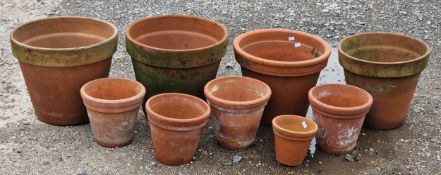 Nine terracotta pots of various size and design, largest H 30cm x W 35cm (9)