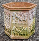 Italian terracotta hexagonal planter with classical cherub scenes relief, stamped Benocci Carlo, H