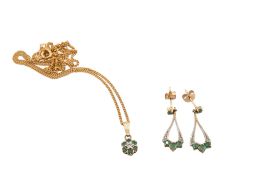 A pair of 9ct gold and small emerald open drop-shaped pendent earrings, and an emerald and tiny
