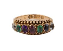 A Victorian 15ct rose gold and multi-gem 'dearest' ring, collet set with an old-cut Diamond,