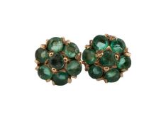 A pair of vintage 9ct gold and seven-stone emerald cluster stud earrings, each with hallmarks for