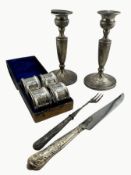 Mixed silver - Pair of silver candlesticks, cased set of four napkin rings and further silver