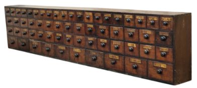 Exceptional Victorian bank of sixty Apothecary drawers with original labels and turned knobs, H 62cm