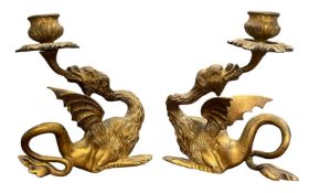 A fine pair of 19th century French ormolu well cast figural dragon candlesticks, H 17cm x L 15cm