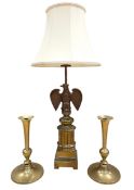 A large brass eagle table lamp, with shade, H 80cm approx, together with a pair of brass
