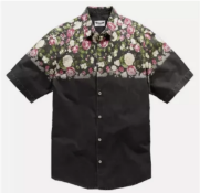 19x Label J Mens Gents Stylish Casual Black Short Sleeve Floral Dip Button Shirt