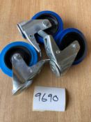 3x Braked Swivel Bolthole 125mm Blue Rubber Tyres