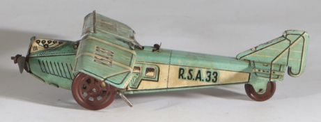 RICO Spanien Blechspielzeug Flugzeug Propellor Eindecker R.S.A. 33