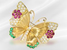 Hochwertige, attraktive Designer-Goldschmiedebrosche mit Brillant- und Farbsteinbesatz, unikate Hand