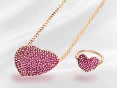 Vintage Goldcollier mit sehr großem Rubin-Herzanhänger sowie passendem Goldschmiedering, 14K Roségol