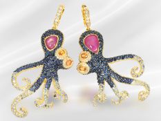 äußerst attraktiver, neuwertiger Ohrschmuck mit Rubin-und Saphirbesatz, "Octopus", ca. 17,59ct