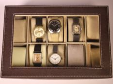 Armbanduhr: Box mit 5 vintage/antiken Armbanduhren, dabei eine frühe Marconi in Silber