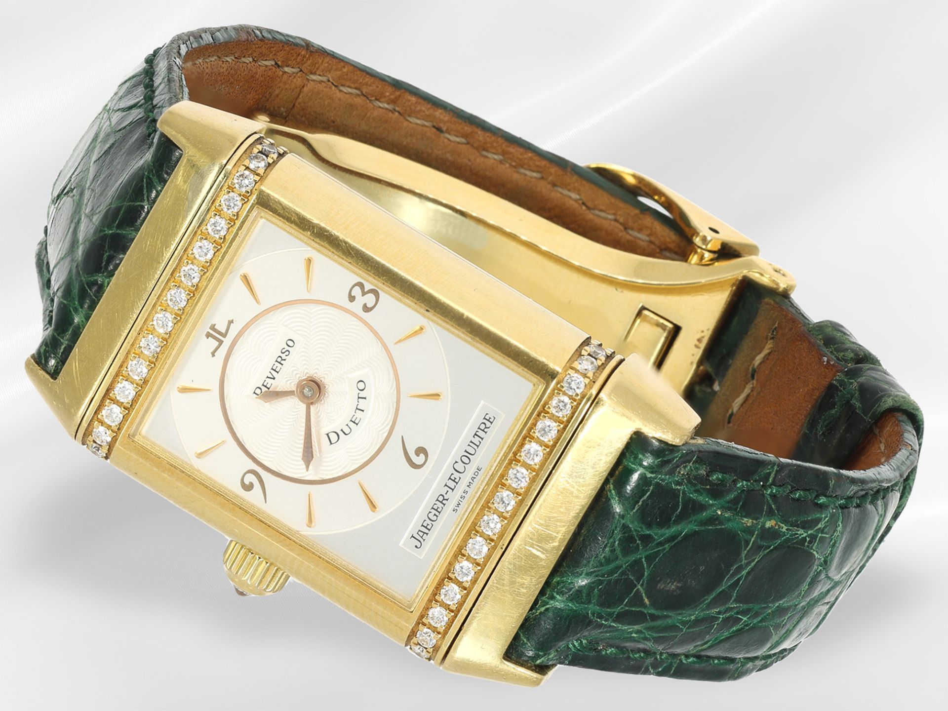 Armbanduhr: luxuriöse und gefragte LeCoultre Reverso "Duetto" mit Brillantbesatz, Full-Set - Bild 2 aus 7