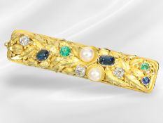Brosche/Nadel: interessante Goldschmiedebrosche mit Altschliff-Diamanten/Farbsteinen und Perlen