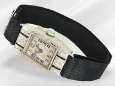 Armbanduhr: dekorative Waltham Art déco Damenuhr mit Diamant/Saphirbesatz, 18K Weißgold
