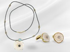Schmuckset: Kette mit Aquamarin/Muschel-Anhänger sowie 18K Manschettenknöpfe mit Muschel/Brillantbes