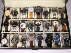 Armbanduhr: Konvolut moderne Herrenuhren in Sammler-Box, diverse Marken