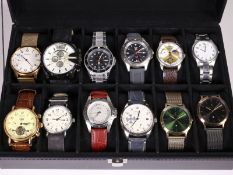 Armbanduhr: Konvolut moderne Herrenuhren in Sammler-Box, diverse Marken