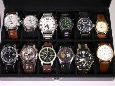 Armbanduhr: Konvolut moderne Herrenuhren in Sammler-Box, diverse Marken