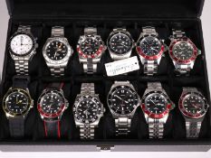 Armbanduhr: Konvolut moderne Herrenuhren in Sammler-Box, diverse Marken