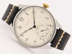 Armbanduhr: oversize Edelstahluhr mit antikem Longines Taschenuhrwerk in feiner Qualität, ca. 1910/2