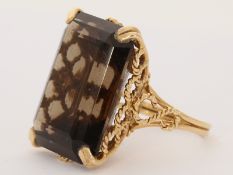 Ring: schwerer vintage Goldschmiedering mit Rauchquarz, Handarbeit 18K Gold