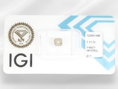 Loose natural fancy diamond in a square emerald cut, 1.01 ct, greyish-greenish-yellow, IGI report