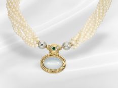 Necklace: multi-strand cultured pearl necklace with a beautiful coloured gemstone and brilliant-cut 