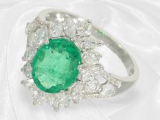 Ring: exquisite emerald and brilliant-cut diamond floret ring by a goldsmith, featuring a large emer