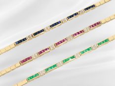 Bracelet: 3 delicate gold bracelets with coloured gemstones and brilliant-cut diamonds