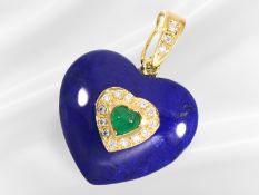 Pendant: decorative lapis lazuli heart pendant set with an emerald and brilliant-cut diamonds