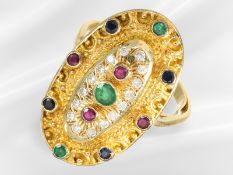Ring: wide and unusual vintage coloured gemstone and brilliant-cut diamond goldsmith's ring, 18K yel