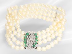 Bracelet: multi-strand vintage pearl bracelet with a white gold emerald and diamond clasp