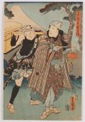 Farbholzschnitt von Utagawa Kunisada (Toyokuni III), Szene: Kataoka Gado II als Gofukuya Jubei