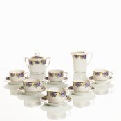 6 Kaffeetassen mit Untertassen, Sahnegießer und Zuckerdose - Violette Anemonen, Carl Tielsch & Co., 