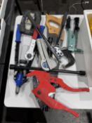 Lot of Various Hand Tools Riveters, Hand Saw, PVC Pipe Cutters, Husky Light