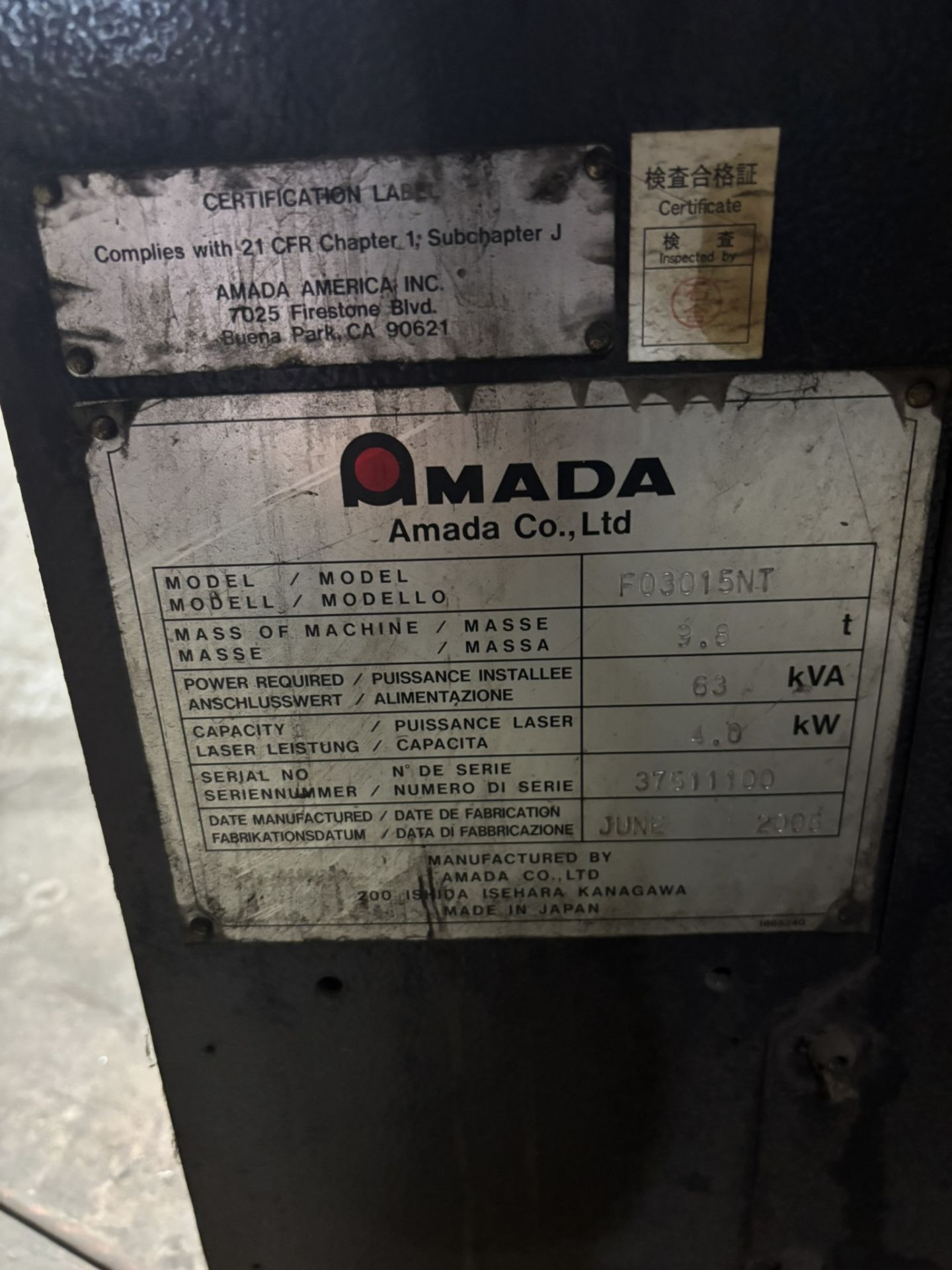 2006 Amada F03015NT CO2 Laser, 4,000w Resonator, 52,760 hours, with Chiller, Shuttle Table - Image 16 of 17