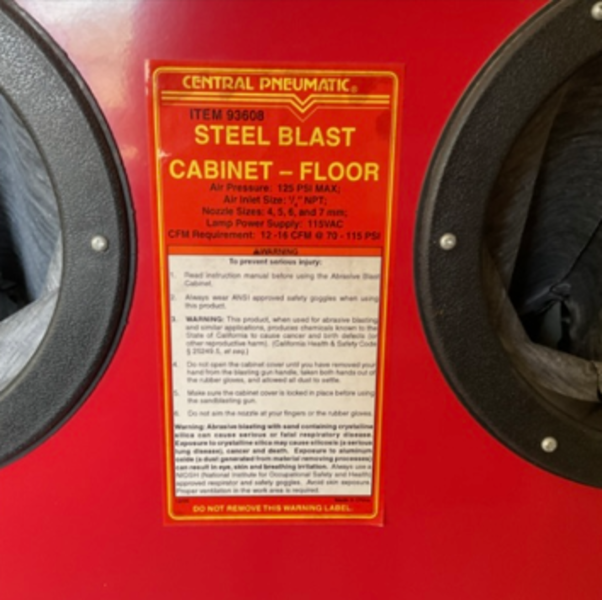 Central Pneumatic Sttel Blast Cabinet, Air Pressure 125 PSI Max, Air Inlet Size 1/4" NPT, Nozzle - Image 3 of 3