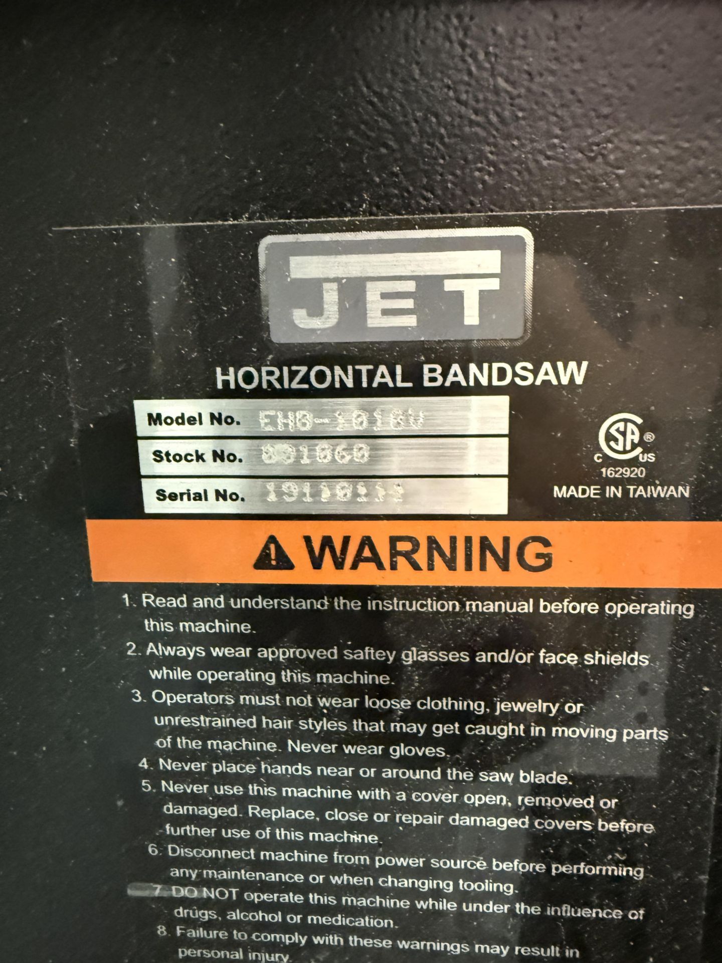 Jet Elite Horizontal Band Saw Model EHB-1018V - Image 11 of 12