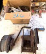 Lot of (2) Hand Crank Winches & Assorted Large Hose Clamps