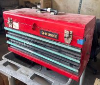 Husky Tool Box with Allen Wrenches, Bolts, Hardware & Assorted Hand Tools