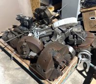 Pallet of Lathe Chucks, Machine Vises and Calipers