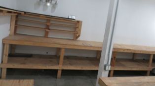 wood work bench 237" L c 32" deep x 39" high plus 70" wide fabric rack and short bench 83" long x...