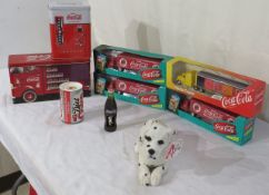 Coke collection (4) die cast semi tractor trailers, tin coke cans in shape of dispenser and truck...