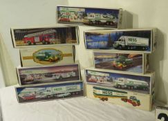 Hess truck 1989 fire truck, 1991 race car hauler, fire truck bank, 1992 Hess truck with car, the ...