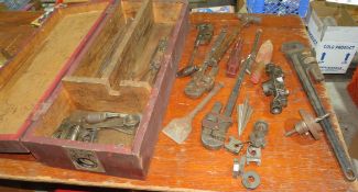 Antique wood plumbers tool box with (3) vintage pipe wrenches, pipe threader kit, hammer, chisel,...