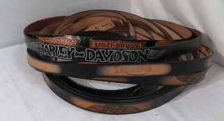 Vintage Harley Davidson and (2) Triumph Motorcycles Cowhide belts, sizes 32" - 46", unfinished cu...