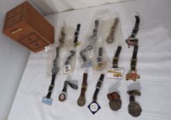 Watch fob collection with leather straps in cedar cigar box (selling on the count) including Harley