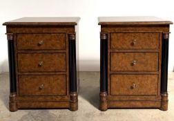 A pair of late 20th century, figured walnut bedside cabinets in the Empire Style: a walnut