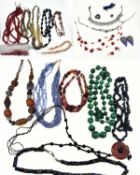 A selection of gem and paste bead jewellery, with wooden box